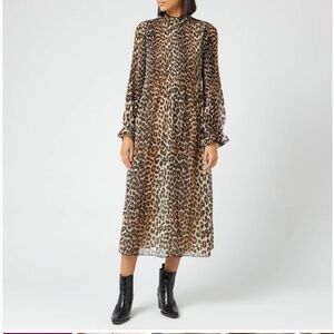 Ganni Leopard Long Sleeve Pleated Dress